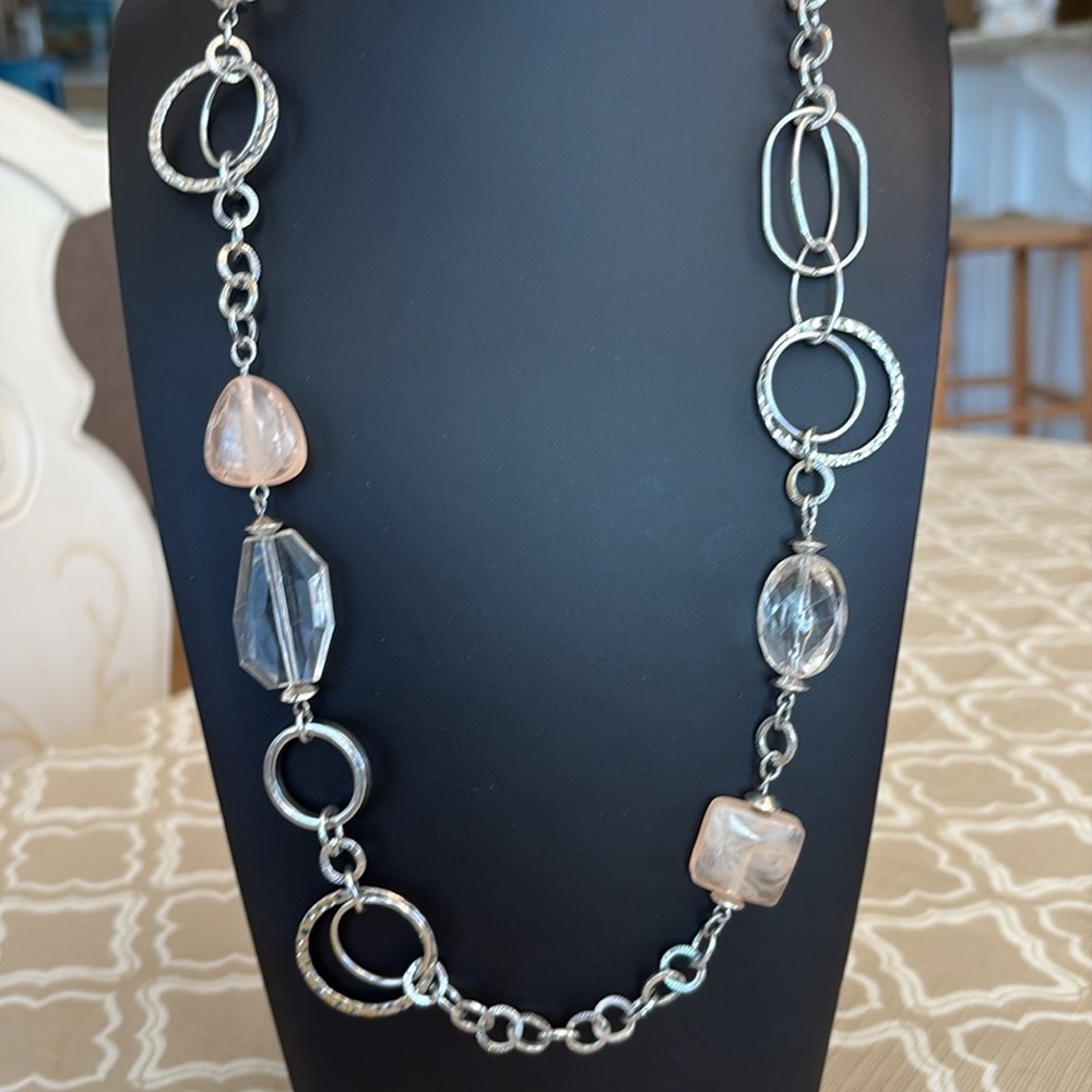 Chico's long silver toned, necklace hammered circle pink link strand